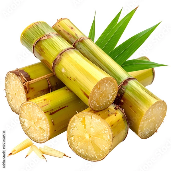 Obraz A close-up shot displays freshly cut sugarcane stalks and green leaves