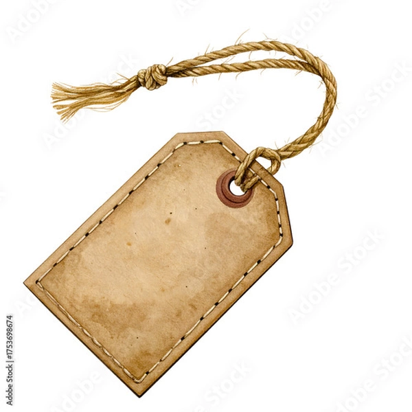 Obraz A textured, aged paper label with stitched edges and a looped rope cord
