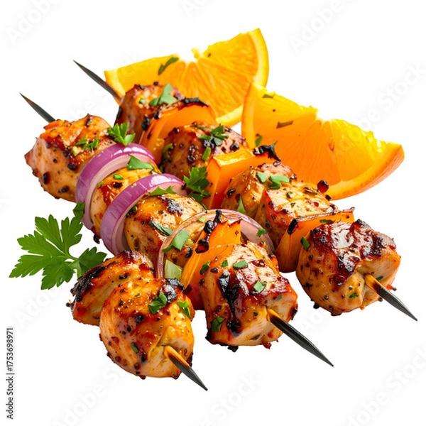 Obraz Skewered grilled chicken and vegetables with orange slices on a black background