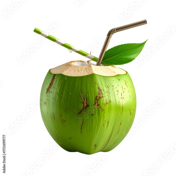 Obraz A freshly cut green coconut, straw inserted, with a leaf. Droplets visible. Black background