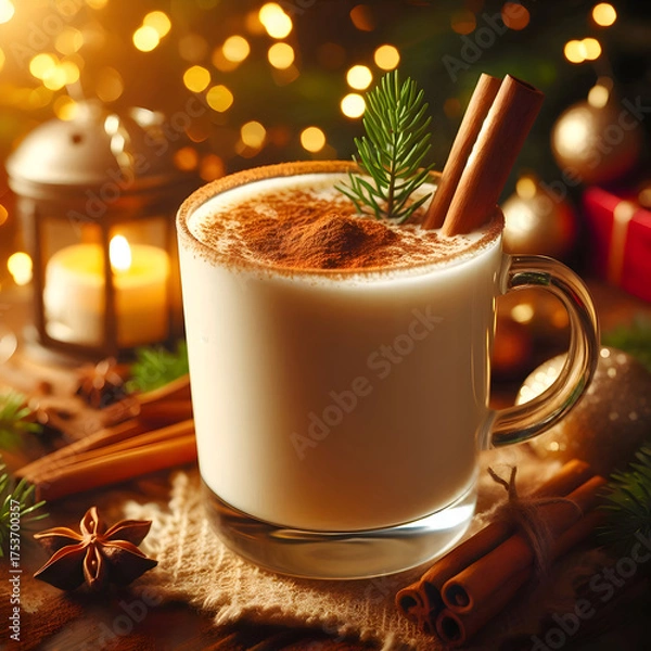 Obraz A glass mug of creamy eggnog topped with nutmeg powder and a cinnamon stick, cozy Christmas background, warm golden lighting, soft depth of field, realistic drink composition