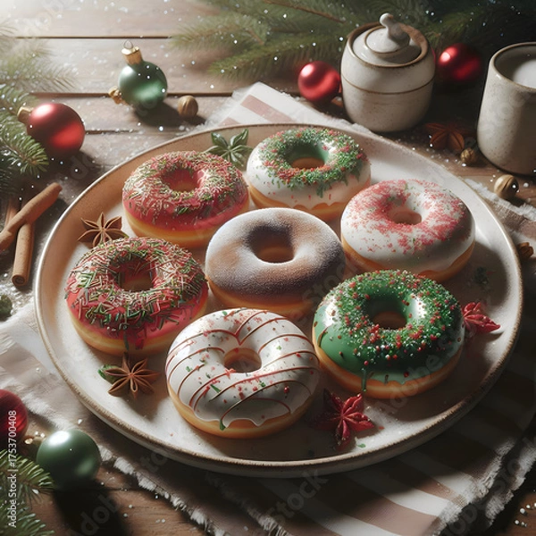 Obraz A plate with assorted donuts decorated in red, green, and white sprinkles, rustic table surface, cozy festive setting, realistic 3D illustration, natural daylight