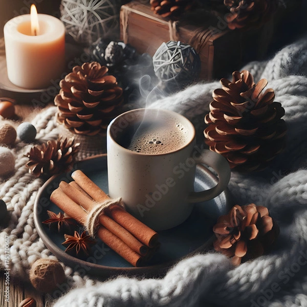 Obraz A steaming cup of coffee with cinnamon sticks beside it, surrounded by pinecones and a soft wool blanket, cozy winter morning mood, natural daylight, realistic textures, peaceful vibe
