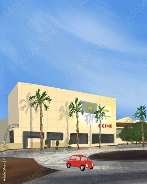 Fototapeta  A digital illustration of a sunny urban scene features a beige cinema building with palm trees, a red vintage car, and a clear blue sky.