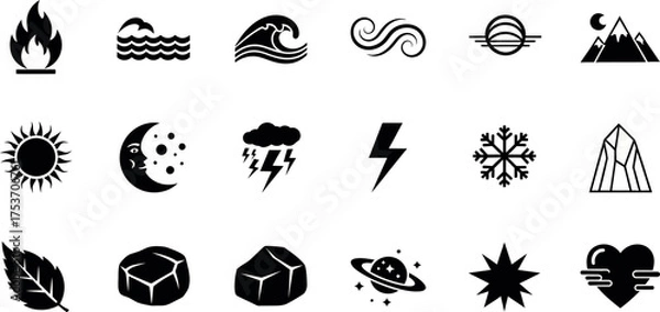 Fototapeta Collection of elemental icons representing fire water wind and earth simple flat vector glyphs for infographic and ui design