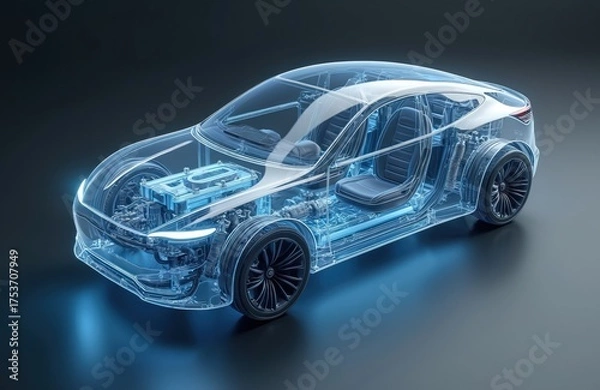 Obraz Transparent 3D render shows electric car internal components. Engine, battery, chassis, seats visible with blue glow. Visual concept illustrates future auto tech, innovative design. Modern vehicle