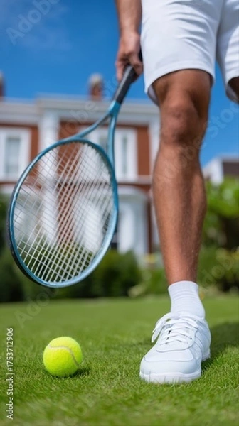 Obraz Caucasian male preparing for tennis serve on grass court in sunny day
