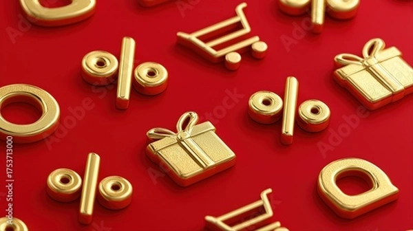 Fototapeta Golden shopping icons and symbols on red background featuring percentage and gift box