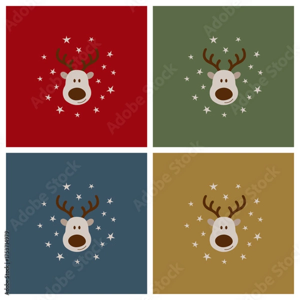 Fototapeta Vierer-Set weihnachtlicher Vektorgrafiken mit Elch und Sternen mit rotem, grünem, blauem und goldfarbenem Hintergrund. Freier Platz für Text. Vorlage für Einladungen, Grußkarten, Social Media Posts. 
