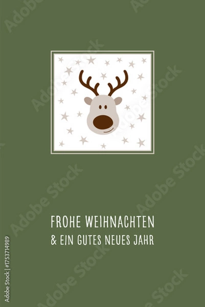Fototapeta Frohe Weihnachten und ein gutes neues Jahr - Schriftzug in deutscher Sprache. Grußkarte mit Elch und Sternen.