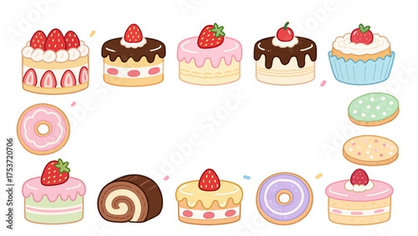 Obraz カラフルなスイーツが並んだかわいいお菓子のフレーム素材