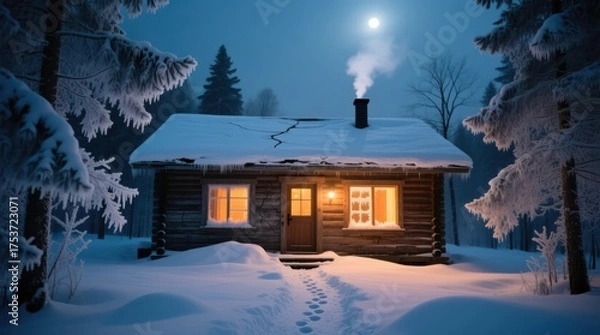 Fototapeta Snow-covered log cabin at night with warm lights and full moon