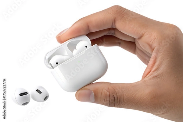 Fototapeta Hand holding white wireless earbuds case with earbuds nearby, cutout, PNG isolated on a white or transparent background, AI