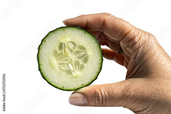 Obraz Hand holding sliced cucumber, cutout, PNG isolated on a white or transparent background, AI