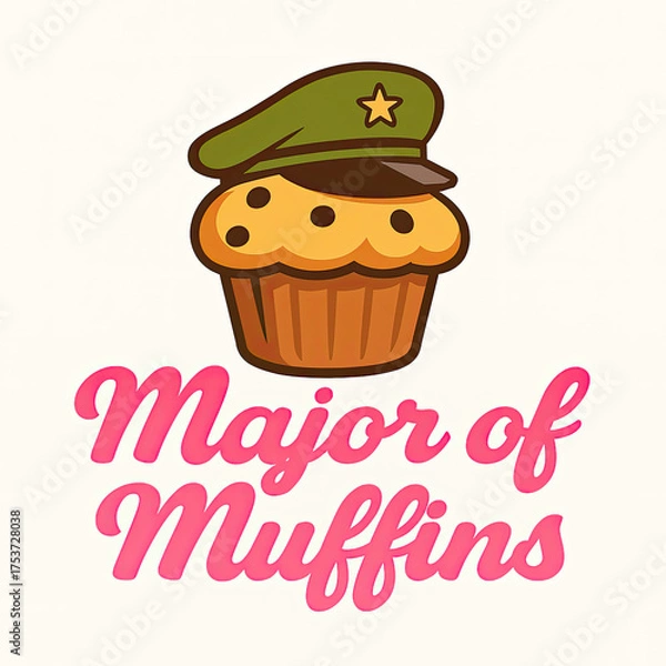 Fototapeta "Major of Muffins" Logo: A charming cartoon muffin proudly sports a green military-style cap adorned with a golden star, embodying a playful and commanding spirit for a bakery brand, sweet treat shop,