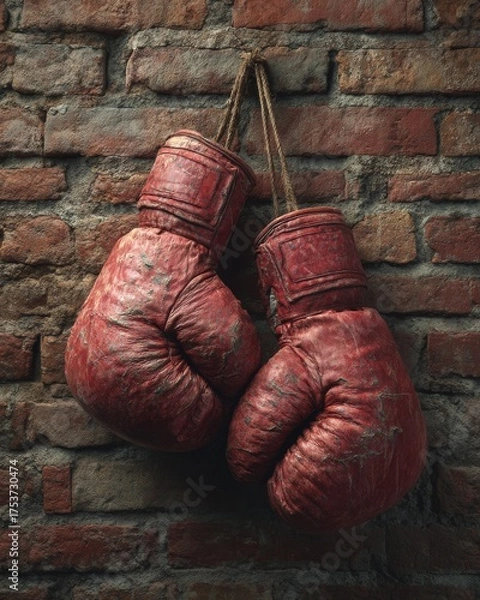 Fototapeta Weathered red boxing gloves hanging on rustic brick wall, evocative sports imagery reflecting perseverance, tradition, and the raw character of combat training