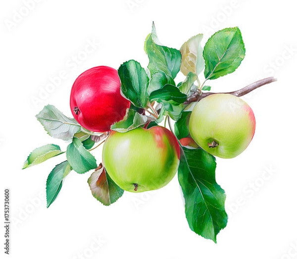 Obraz Watercolor branch with red and green apples, botanical illustration, isolated on white