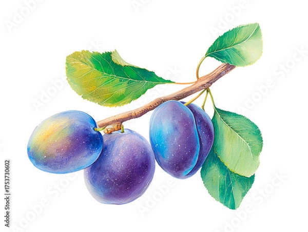 Obraz Watercolor plum branch with leaves, detailed botanical illustration, isolated on white