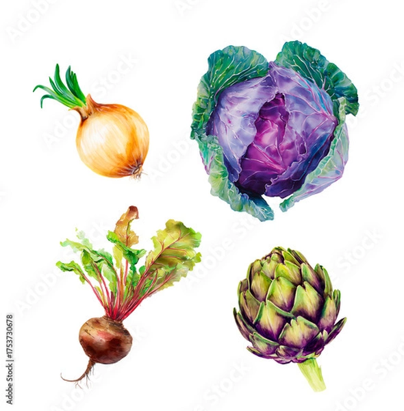 Fototapeta Watercolor onion, beetroot, red cabbage, artichoke, botanical illustration, isolated on white