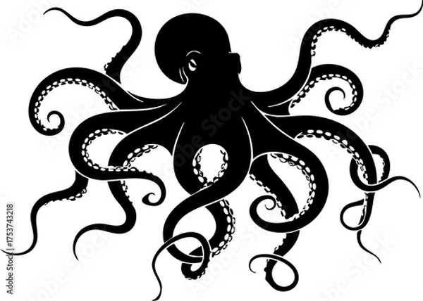 Fototapeta Dynamic black octopus illustration with flowing tentacles captures marine life's mysterious elegance for impactful designs