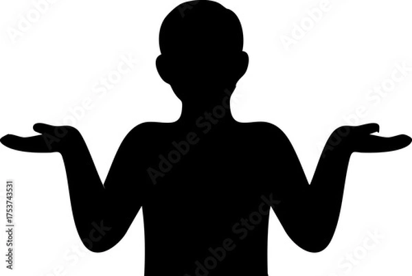 Fototapeta Uncertain person shrugging shoulders, conveying confusion, indecision, or lack of knowledge with open palms in a simple, modern silhouette
