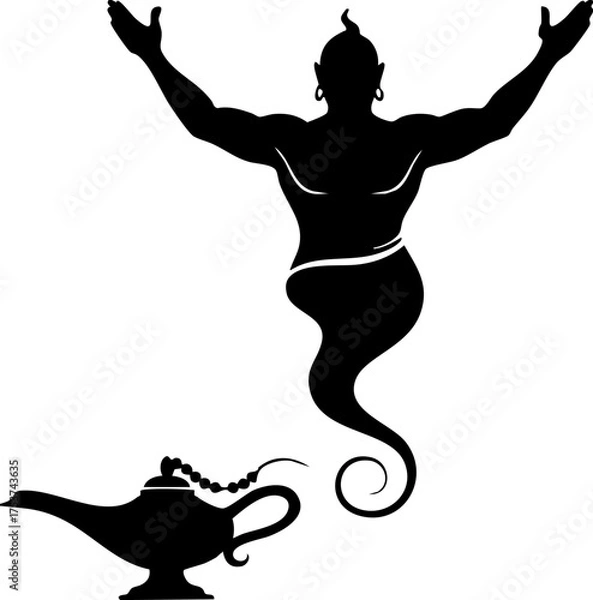 Fototapeta Mysterious genie emerges from ancient lamp, offering wishes and magical power, perfect for fantasy or storytelling themes.
