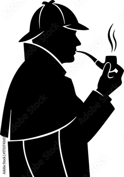 Fototapeta Intriguing detective silhouette smoking pipe, contemplating mysteries with iconic hat and trench coat, exuding classic noir charm for investigative themes.