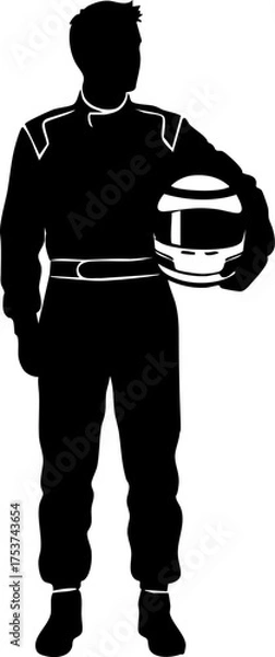 Fototapeta Confident race car driver holding helmet, ready for thrilling speed and victory on the track