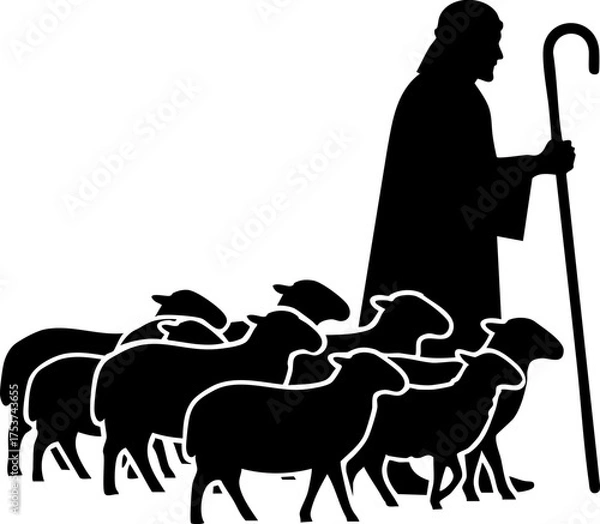 Fototapeta Faithful shepherd guides flock of sheep across open field, iconic symbol of guidance, protection, and pastoral life