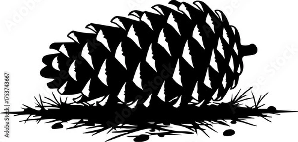 Fototapeta Bold black silhouette of a pine cone resting on a bed of grass and small stones, capturing natural woodland charm and rustic beauty.