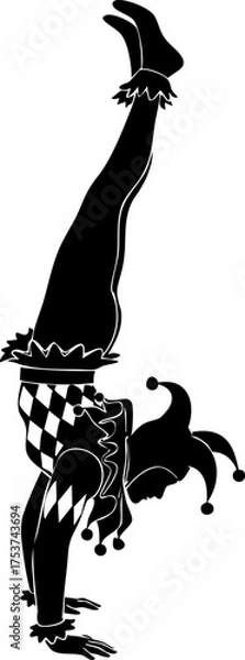 Fototapeta Dynamic jester performing acrobatic handstand with whimsical costume and bells, capturing playful energy and theatrical flair