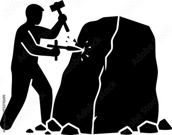 Fototapeta Skilled artisan meticulously carving a large stone, chipping away debris with hammer and chisel, showcasing dedication and craftsmanship