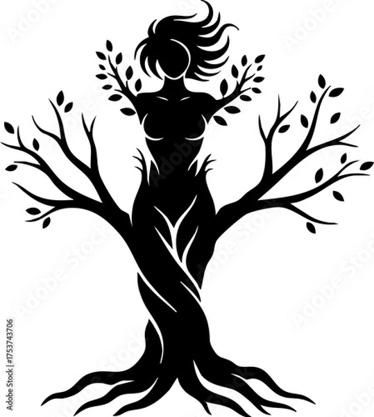 Fototapeta Empowering female spirit intertwined with nature's strength, symbolizing growth, life, and organic connection in a striking silhouette.