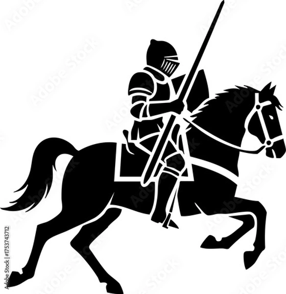 Fototapeta Brave knight in full armor charges forward on horseback with lance held high, embodying courage and medieval valor for historical or fantasy themes.