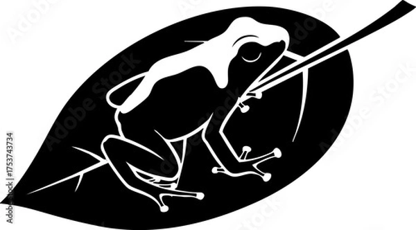 Fototapeta Sleek black and white illustration of a stylized frog perched on a bold leaf, perfect for nature branding and minimalist designs.
