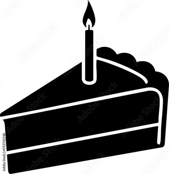 Fototapeta Celebrate joyfully with a single slice of delicious birthday cake, complete with a lit candle, perfect for party invitations and festive designs.