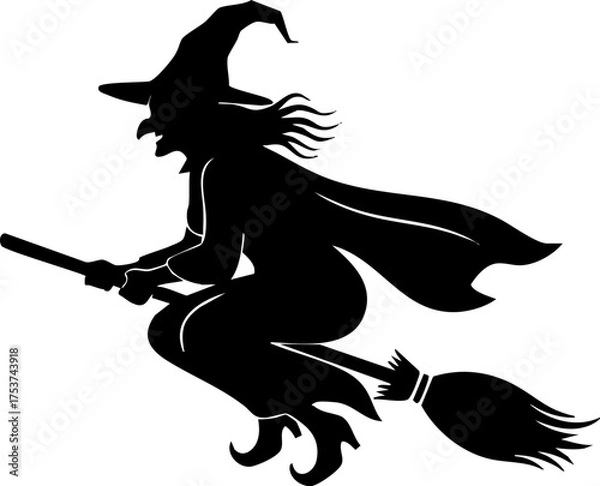 Fototapeta Mystical witch silhouette soaring on broomstick under moonlit sky, perfect for Halloween decorations and spooky designs
