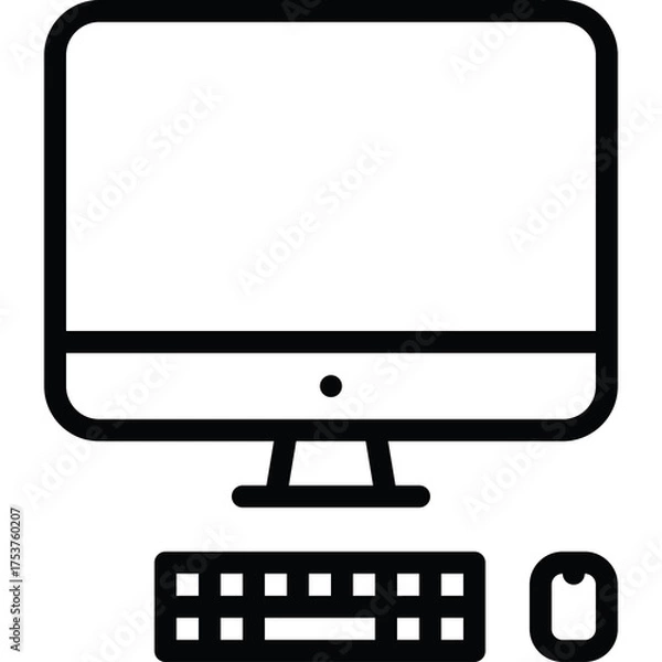 Fototapeta Simple outline icon of a desktop computer monitor with a keyboard and mouse on a transparent background for digital graphic design
