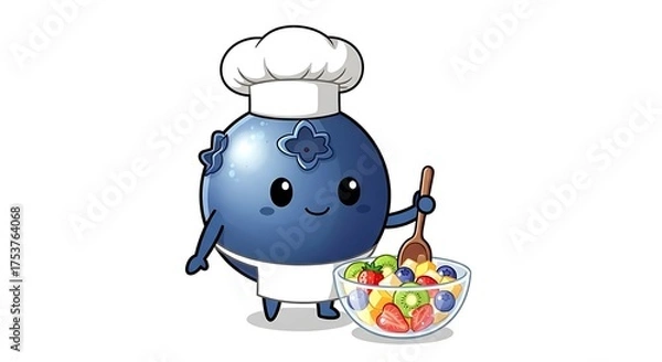 Obraz A blueberry chef cooking fruit salad, adorable character design on white background.