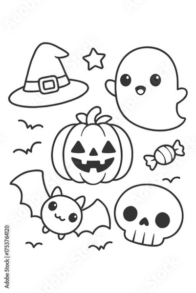 Fototapeta Halloween monsters and skulls cartoon vector icon set with funny smiling faces and cute characters for holiday design