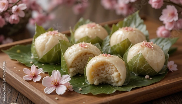 Fototapeta Delicious Asian Steamed Buns with Sakura Blossoms on a Wooden Platter A Culinary Delight
