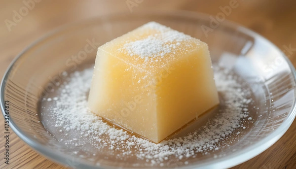 Fototapeta A single pyramid-shaped yellow fruit jelly dessert elegantly dusted with powdered sugar and served on a clear glass dish with a blurred background