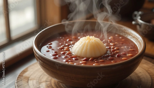 Fototapeta A steaming bowl of hearty brown soup topped with a delicate dollop of white puree, perfect for a cozy meal