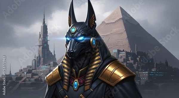 Fototapeta Anubis Guardian of Ancient Egypt, Standing Against Futuristic Civilization