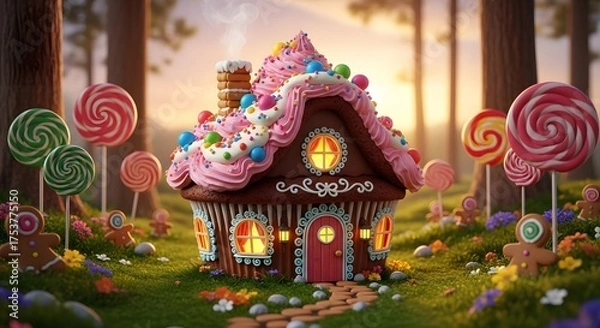 Fototapeta Enchanting Gingerbread House in a Magical Forest with Lollipops and Candy Decor