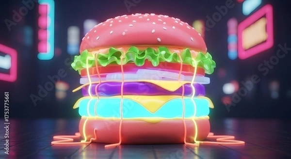 Fototapeta A vibrant 3D rendering of a glowing surreal hamburger with colorful melting layers set against a futuristic neon city background at night