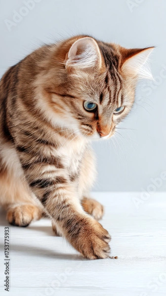 Fototapeta Fluffy cat in playful crouch stance with focused expression