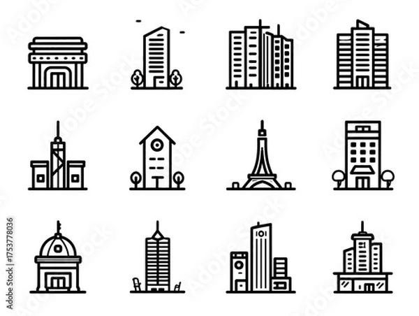 Fototapeta Minimalist Vector Cityscape Icon Set with Skyscrapers and Landmark Structures in Black Line Style