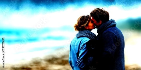 Fototapeta Couple shares a tender kiss while holding a puppy on a beach during a cloudy day - High Contrast