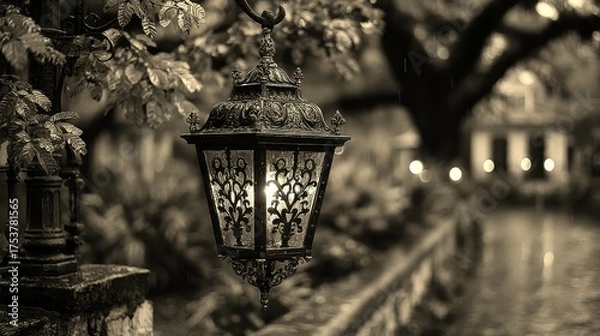 Fototapeta Decorative lantern illuminating a charming pathway lined with autumn leaves in a tranquil garden setting